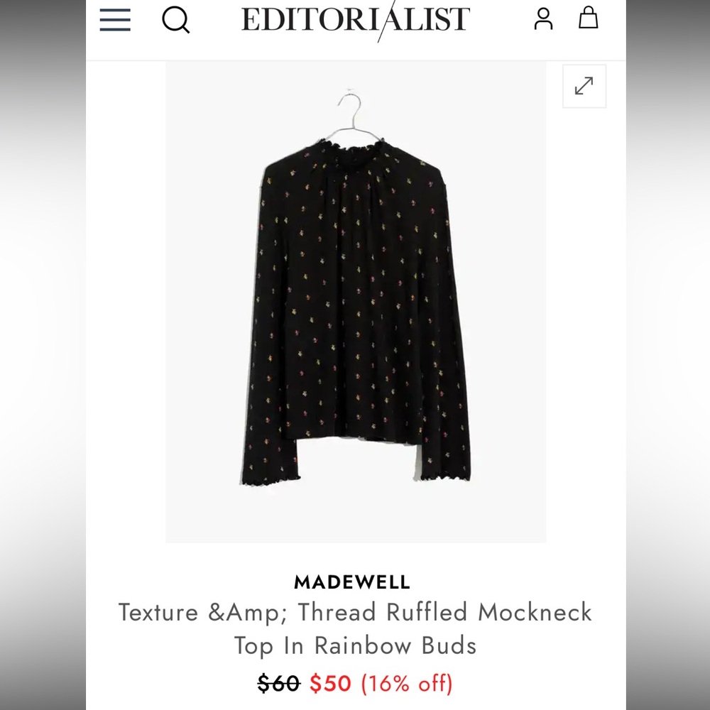 Madewell Texture & Thread Womens S Ruffled Mockneck Top in Rainbow Buds Lettuce
